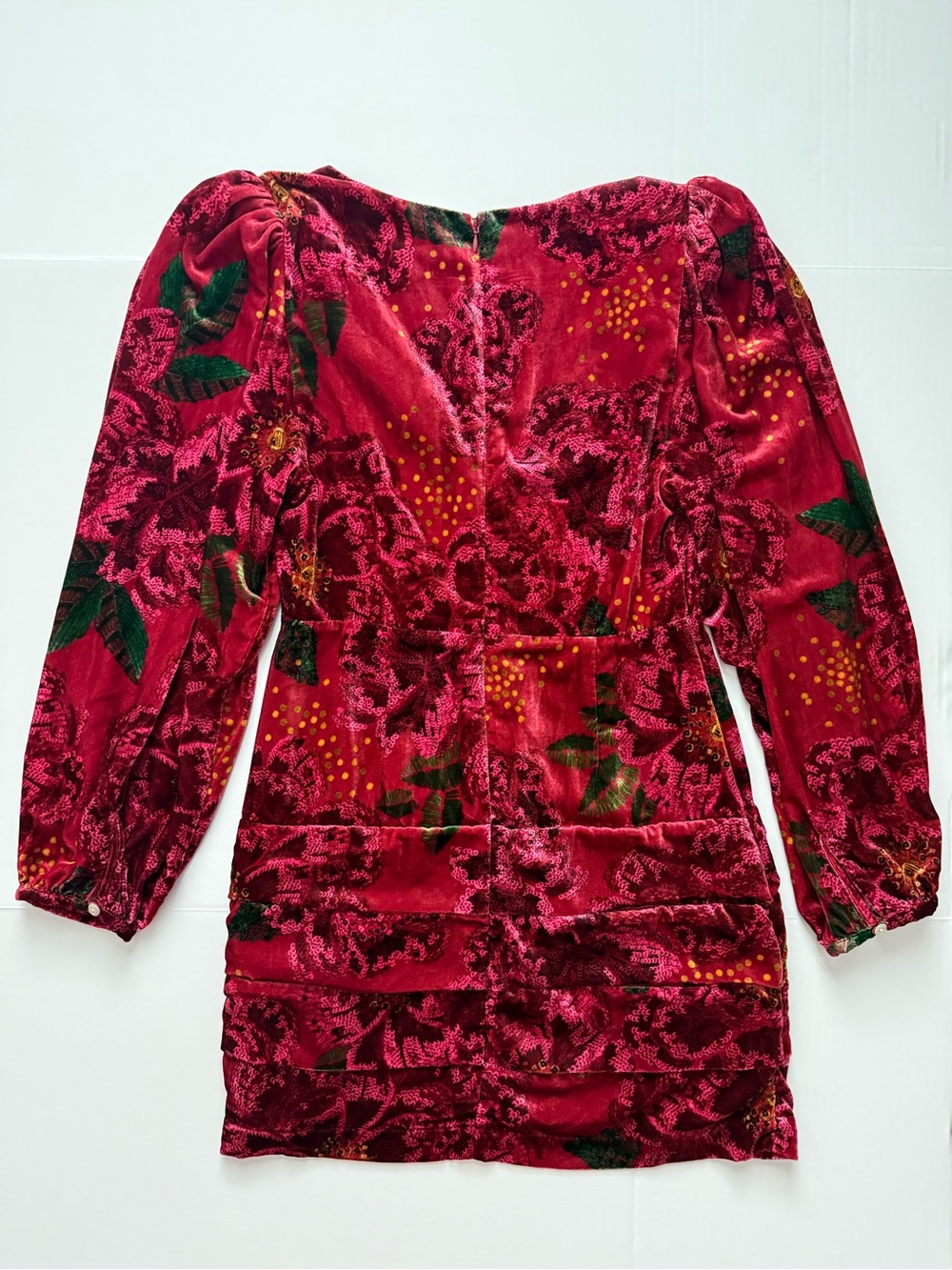 Farm Rio Red Shiny Flowers Velvet Mini Dress Medium Deep V Neck Ruched⁠ - Picture 9 of 16